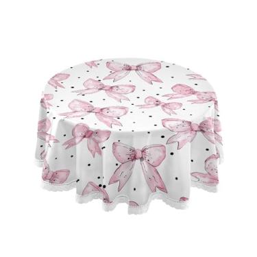 Imagem de SEHANY Toalha de mesa redonda com laço rosa de 152 cm, tecido lavável sem rugas, toalha de mesa decorativa de renda para restaurante, casamento, acampamento, festa de cinco de maio