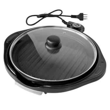 Imagem de Grill Elétrico Redondo Premium com Termostato, 1200W, 220V, Antiaderente, 40cm Diâmetro, Preto, Bandeja Coletora de Gordura