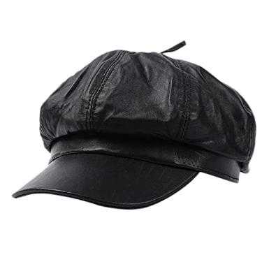 Imagem de uhyOHF Boné de beisebol masculino feminino com viseira boina vintage jornaleiro boné de beisebol de couro (preto-G