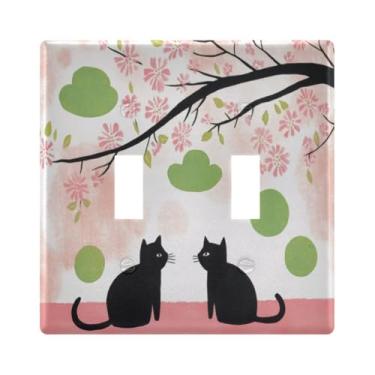 Imagem de Burbuja Capa de placa de parede com interruptor de luz preta para gatos sob árvore, placa decorativa de parede, parafusos incluídos, 2 gangos
