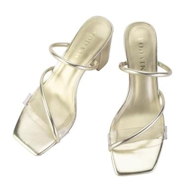 Imagem de PODAIK Sandálias femininas de salto mula, sem cadarço, tiras transparentes, blocos grossos, abertos, bico quadrado, chinelos transparentes, Dourado, 35