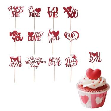 Imagem de Conjunto de palhetas de cupcake com glitter para dia dos namorados, enfeite de bolo romântico para decoração de bolo de sobremesa, artigos de mesa para festa dos namorados, topo de cupcake de coração