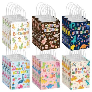 Imagem de Epakh 24 peças de sacos de presente de aniversário de dinossauro com alça Happy Birthday Dino Party Bags Dinosaur Candy Treat Goodies Pacote de lembrancinhas de papel para suprimentos de festa, 20 x