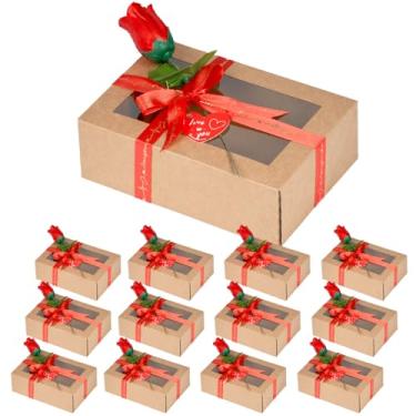Imagem de TIMBLESSING Conjunto de 12 caixas de presente de dia dos namorados com janela transparente, caixa de presente marrom inclui fita de amor, etiqueta de coração e rosa sintética, pré-dobrada, pronta para