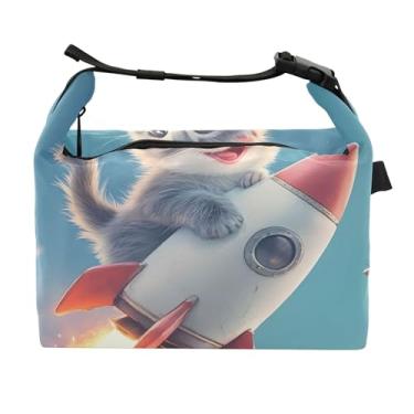 Imagem de TSENQUE Lancheira fofa de gatinho com foguete para mulheres, lancheira com alça de ombro para trabalho, trabalho, linda bolsa isolada de flores para adultos