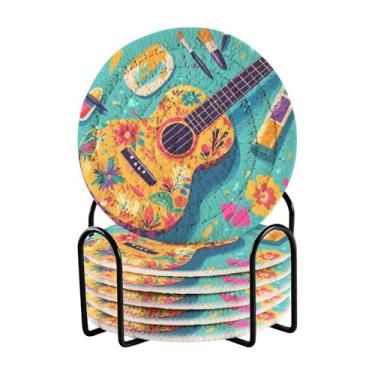 Imagem de Conjunto de 6 porta-copos redondos de guitarra colorida azul com rack de armazenamento preto porta-copos de mesa de centro