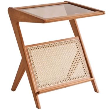 Imagem de Mesas de canto Mesa de canto pequena redonda em forma de Z leve mesa lateral portátil, mesa de centro de design de vime + vidro, rack de armazenamento de espaço pequeno para sala de estar, fácil de