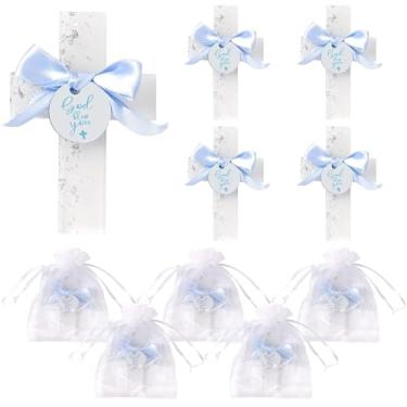 Imagem de Conjunto de 10 lembrancinhas de batismo para convidados God Bless You Cross Magnet para primeira comunhão batismo chá de bebê lembrancinhas de festa presente de batismo (laço prata e azul)