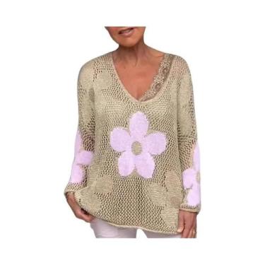 Imagem de Blusa Feminina Floral De Tricô Com Decote V E Recortes, Casual, Para P