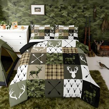 Imagem de Feelyou Conjunto de cama camuflado verde de caça, macio para meninos e meninas, conjunto de edredom rústico de veado ocidental, tamanho casal, camuflagem, caçador, animais selvagens, decoração de