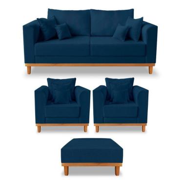 Imagem de Kit Sofá 3 Lugares E 2 Poltronas Beny + Puff Isa Linho Azul