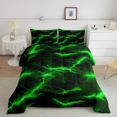 Imagem de Conjunto de cama queen relâmpago verde para crianças, tema de relâmpago do trovão, conjunto de edredom com tema meteorológico neon brilhante, 3 peças, enchimento de edredom geométrico abstrato legal