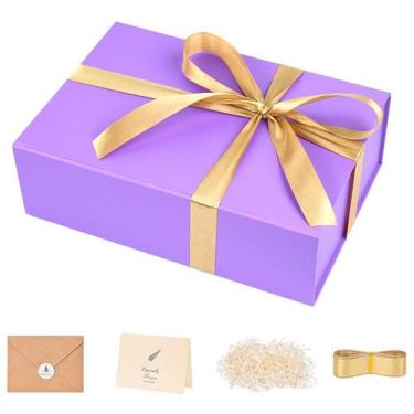 Imagem de Caixa de presente dobrável de papelão roxo 20,32x18x9cm com tampa magn