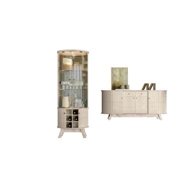 Imagem de Kit Sala de Jantar/Estar Cristaleira Marina + Buffet Mônaco Decorativo Calacata e Off White Liberty Móveis