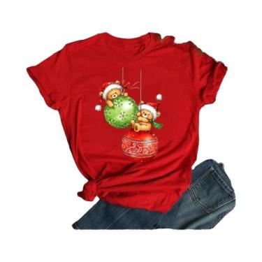 Imagem de Camiseta Feminina De Natal Com Estampa De Rena E Papai Noel, Gola O, E