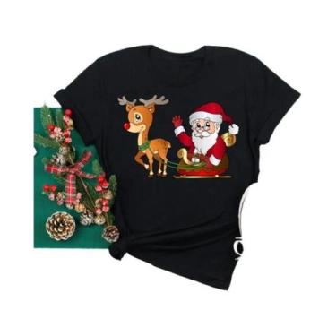 Imagem de Camiseta Feminina De Natal Com Estampa De Rena E Papai Noel, Gola O, E