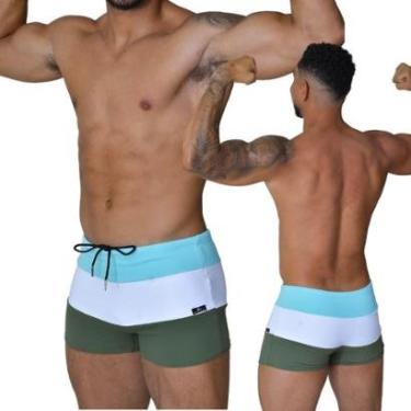 Imagem de Sunga Adulto Boxer Moda Praia Tricolor Azul Turquesa Branco e Verde Militar Proteção UV...