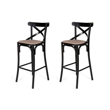 Imagem de Conjunto 2 Banquetas Katrina com Encosto em Aço Preto Assento Corano para Bancada de Co...