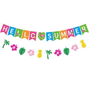 Imagem de PTFNY Banner Hello Summer e Glittery Hawaiian Luau Tropical temático banner colorido de verão decoração de festa de aniversário para decoração de festa de aniversário para ambientes internos externos lareira