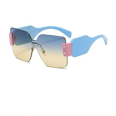 Imagem de Óculos de sol grandes sem aro quadrado retrô feminino designer de luxo lente gradiente de uma peça óculos de sol elegantes para senhoras, azul azul amarelo, tamanho único