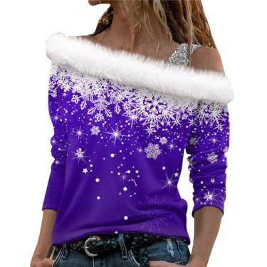 Imagem de Elogoog Vestidos de outono para mulheres 2023 Camisa Feliz Natal para Mulheres Pulôver Ombro Frio Linda Árvore Floco de Neve Tops Sexy Tinto Copo de Vinho Impresso Suéter (Roxo, 3X-Grande), Roxa, 3G