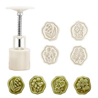 Imagem de Moldes de bolo de lua DIY em forma fofa, espessura ajustável, cortador de sobremesa de biscoito de pressão manual ferramenta de decoração de pastelaria (4 flores de estilo antigo)