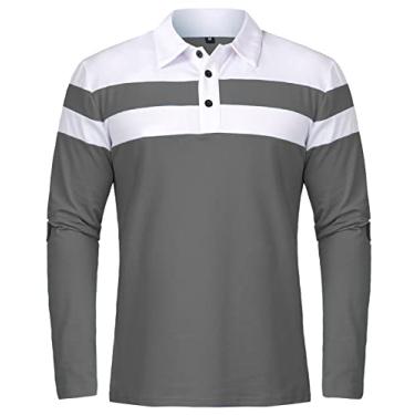 Imagem de NAVEKULL Camisa polo masculina manga longa algodão casual slim fit patchwork colarinho camisa, Cinza, XXG