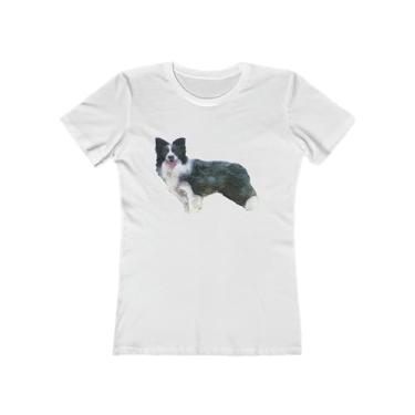 Imagem de Border Collie 'Andrew' - Camiseta feminina de algodão fiado em anel, Branco liso, 3G