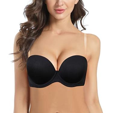 Imagem de HWDI Sutiã feminino sem alças push-up com aro acolchoado grosso e corte baixo conversível sutiã de suporte com alças transparentes, Preto, 32C