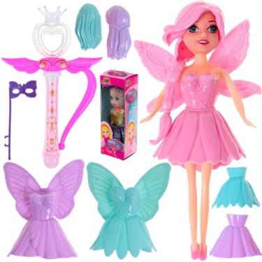 Imagem de Kit Boneca Bailarina Fada Com Asas Articulada Ballet Princesa Troca Roupa Vestido Cabelo Acessórios + Varinha Magica Rosa Com LED Fadas Brinquedo Menina Presente