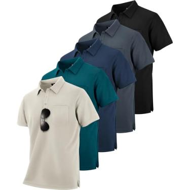 Imagem de Pacote com 5 camisetas polo masculinas Cool Dri manga curta desempenho atlético para trabalho casual, 5 peças - preto + cinza + damasco + azul petróleo escuro, G