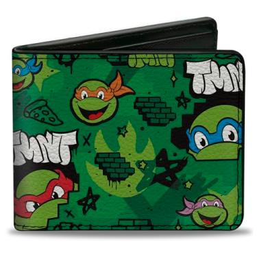 Imagem de Buckle-Down Nickelodeon Carteira, dobrável, Tartarugas Ninja adolescentes mutantes TMNT rostos verdes de parede de tijolo, couro vegano, Verde, 4.0" x 3.5", Casual