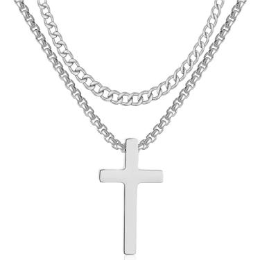 Imagem de RWQIAN Colar de cruz para homens, prata ouro preto pequeno pingente de cruz de aço inoxidável colar cubano com corrente de cruz 45-61 cm, presente de primeira comunhão religiosa simples Jesus cristão