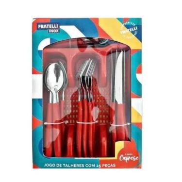Imagem de Jogo de Talheres Vermelho 25 Peças Inox Com Porta Tralheres Gaveta - F
