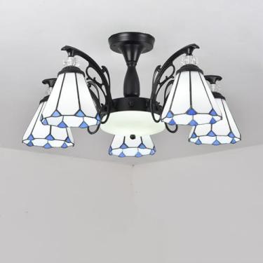 Imagem de DOPZNJWF Lustre estilo Tiffany de 6 luzes com lamshade de vitral branco, luminária pendente vintage de três cores, luminária de teto moderna para sala de estar