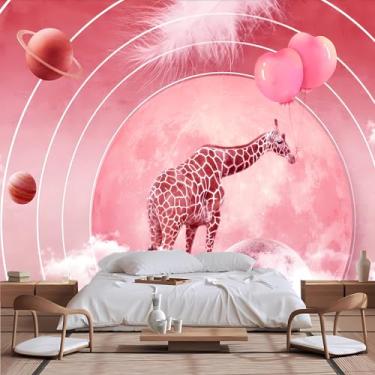 Imagem de Lcythiazole Papel de parede mural de girafa de tamanho personalizável, mural de girafa rosa, fundo rosa, mural, girafa rosa, adequado para sala de estar, quarto, quarto infantil