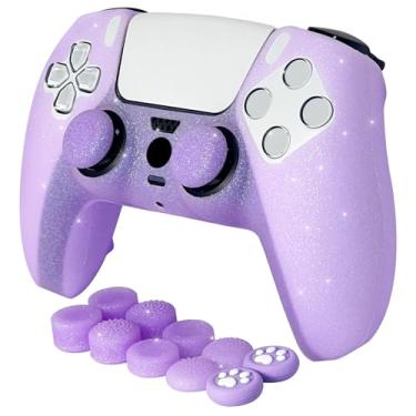 Imagem de HLRAO Capa protetora de silicone antiderrapante com glitter roxo compatível com controle PS5/Slim/Pro, 8 peças de tampas de polegar com glitter e 2 tampas.