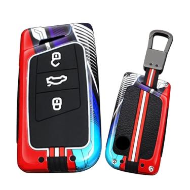 Imagem de HIBEYO Capa de chaveiro de 3 botões compatível com VW Volkswagen Passat Tiguan Skoda CC B8 MK2 B7 Superb A7 Magotan Acessórios Fashion Metal Painted Key Shell com chaveiros - 3 botões vermelhos