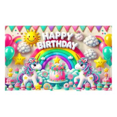 Imagem de BlissYard Unicórnio Feliz Aniversário Banner Aniversário Pano de Fundo Pastel Arco-íris Decorações de Festa para Meninas Princesa Rosa Unicórnio Tema Photo Booth Adereços Celebração Pátio Decoração