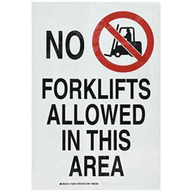 Imagem de Brady Placa operacional e máquina 123844, legenda "Não são permitidas empilhadeiras nesta área", 35,5 cm de altura, 25,4 cm de largura, preto e vermelho em branco