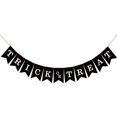 Imagem de Adurself Trick or Treat Banner de serapilheira decorações de festa de Halloween juta preta guirlanda de serapilheira lareira para decoração de festa de Halloween decorações de casa assombrada