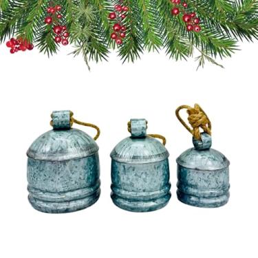 Imagem de Sinos dourados de metal para pendurar no Natal, decoração vintage com corda de juta, sino decorativo de vaca, ideal para casamento, Natal (conjunto de 3 tambores prateados)