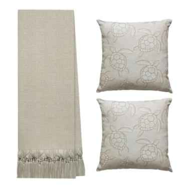 Imagem de Kit Manta Decorativa Para Sofá 1,40 x 1,80 Com 2 Capas De Almofadas (MANTA BEGE- 2 CAPAS TARTARUGA MARINHA)