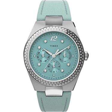 Imagem de Timex Relógio feminino Simone multifuncional de 38 mm – pulseira azul, mostrador azul, caixa prateada, Azul