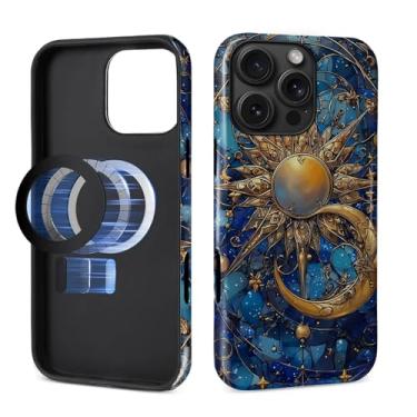 Imagem de Punmada Capa para iPhone 16 Pro Max para MagSafe, capa rígida híbrida à prova de choque de silicone para iPhone 16 Pro Max Sun Moon Stained Glass Print Stars Pattern