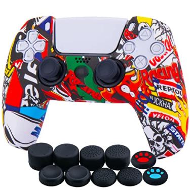 Imagem de YoRHa Capa espessa de silicone com impressão de transferência de água para controle PS5 x 1 (Skull Graffiti II) com 10 alças de polegar