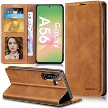 Imagem de Qissy Capa flip de couro para Samsung Galaxy A56 com proteção de dobradiça, capa carteira magnética fina [porta-cartão], proteção total à prova de choque para Samsung A56 5G (marrom)