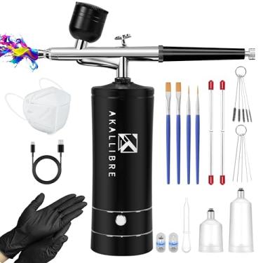 Imagem de AKALLIBRE Kit de aerógrafo com compressor, pistola de aerografia de alta pressão 48PSI sem entupimento com bicos de 0,2/0,3/0,5 mm, aerógrafo portátil para arte de unhas, decoração de bolo, pintura