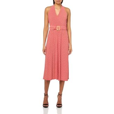 Imagem de Halston Vestido de jérsei feminino sem mangas com decote em V e cinto, Fogo/Areia, 40
