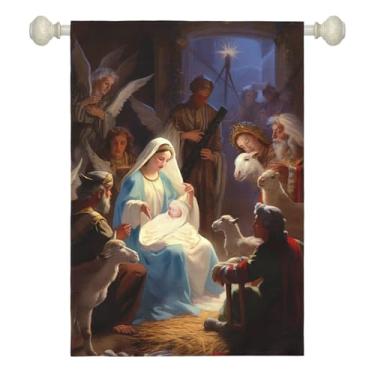 Imagem de Dacawin Bandeiras de jardim de presépio religioso bandeira de jardim de natal inverno católico Jesus House Banners para noite santa fora dupla face casa quintal fazenda decoração de natal ao ar livre